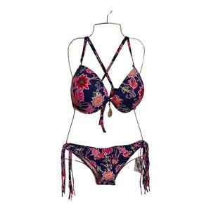 Indigo Blue and‎ Pink Floral Bikini with Criss-Cross Straps